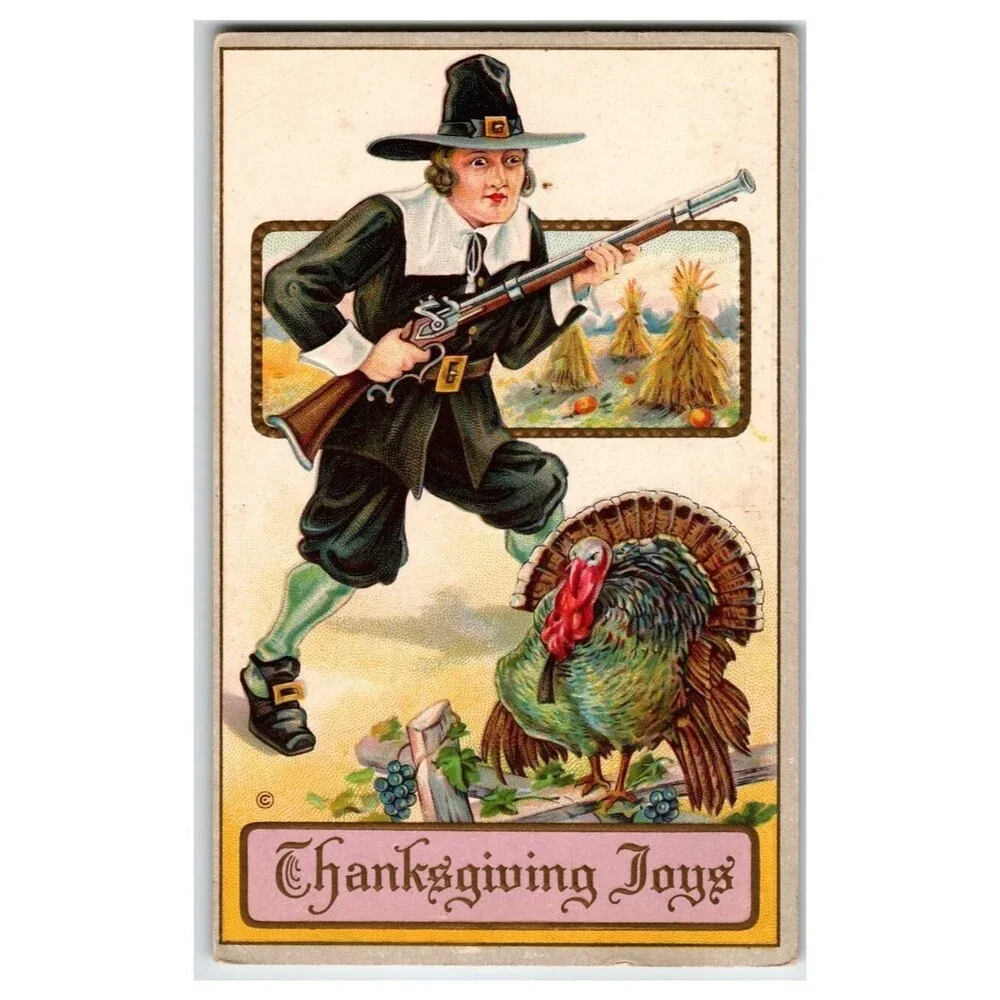 Antique Thanksgiving Joys Pilgrim Turkey Embossed Postcard Series 256 F